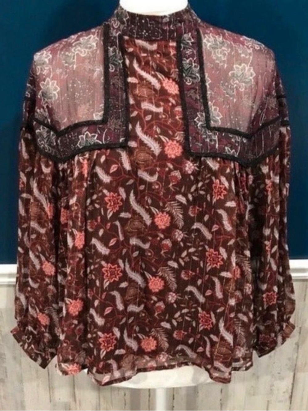Zara ZW Collection Burgundy Floral Sheer High-Neck Blouse - Picture 2 of 11